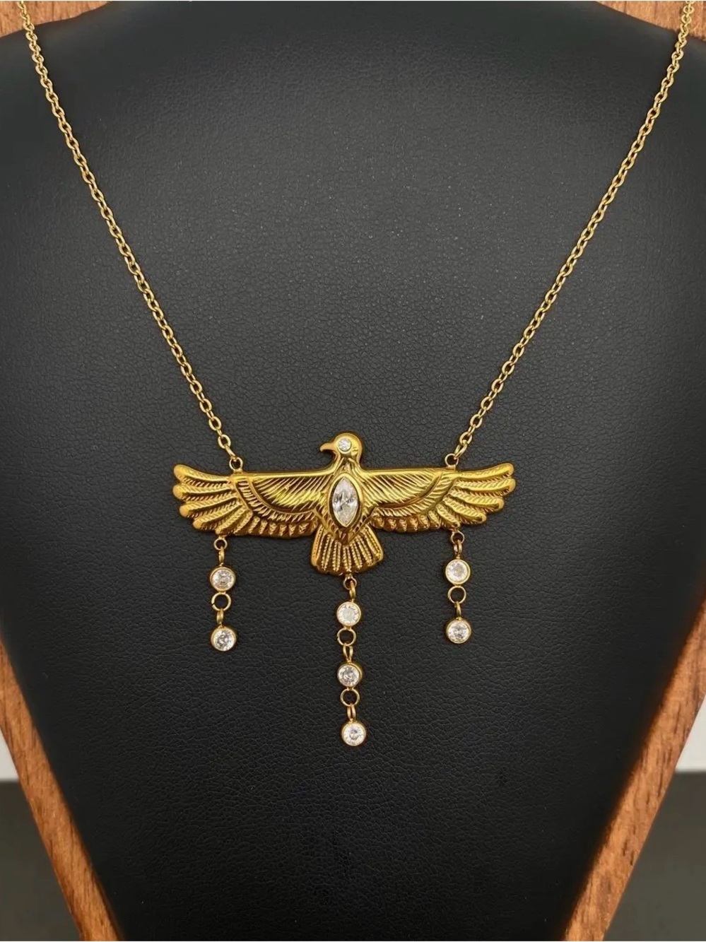 Gold Tone Eagle Pendant Necklace with Crystal Drops - Women Jewelry